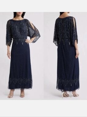 Pisarro Nights Beaded Blouson Split Sleeve Sequin Gown Navy Silver Size 12